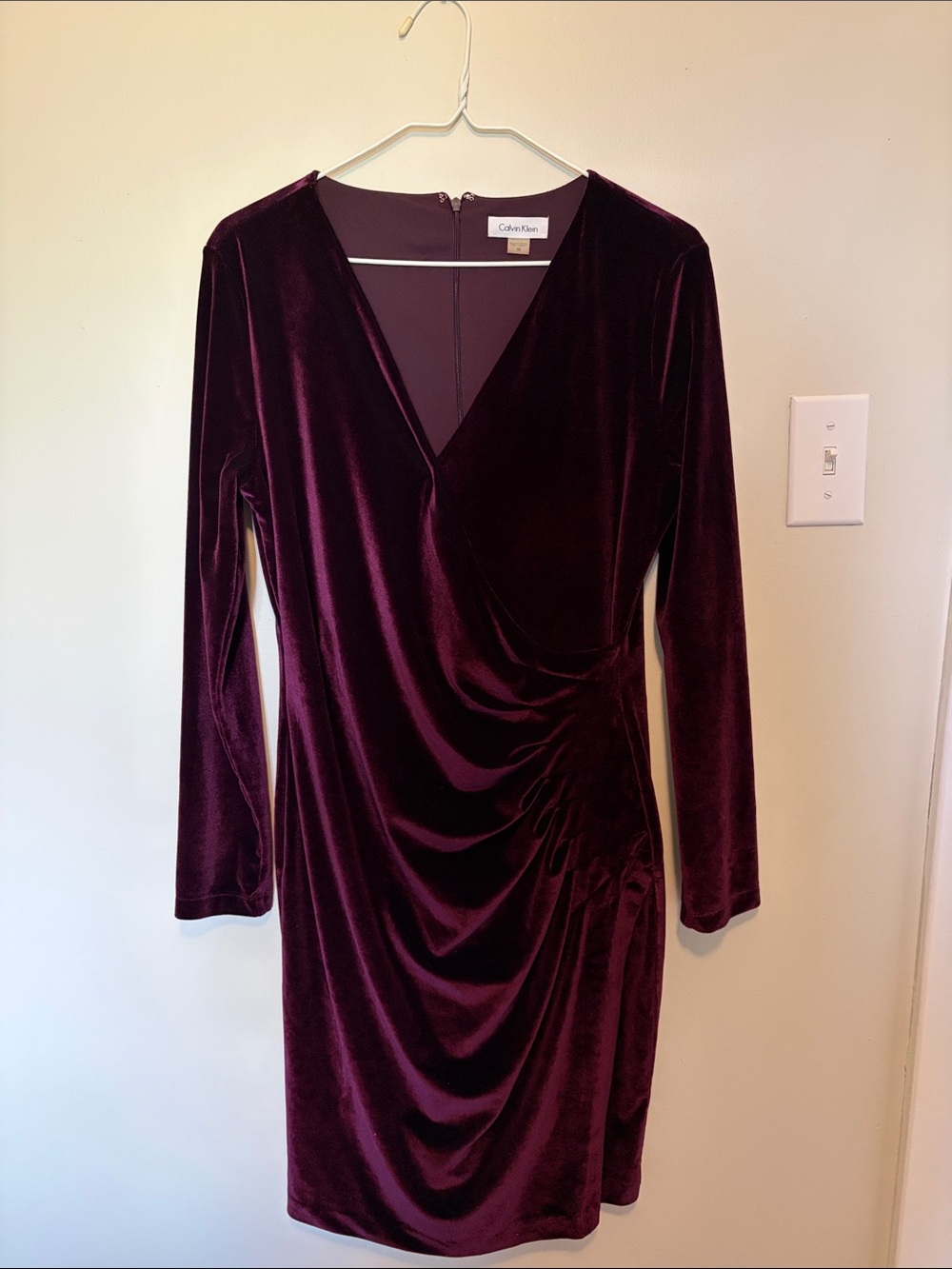 Calvin Klein Long-Sleeve Velvet Wrap Dress in Burgundy